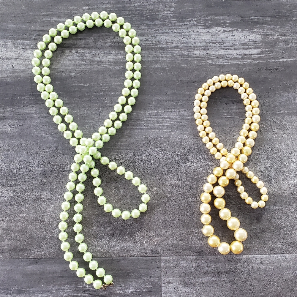 Mint Yellow Classic Pearl Long Necklace Bundle